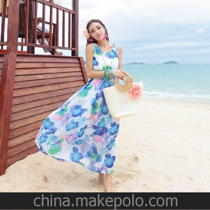 新款印花波西米亞沙灘裙 雪紡連衣裙 拖地長裙海邊度假裙子